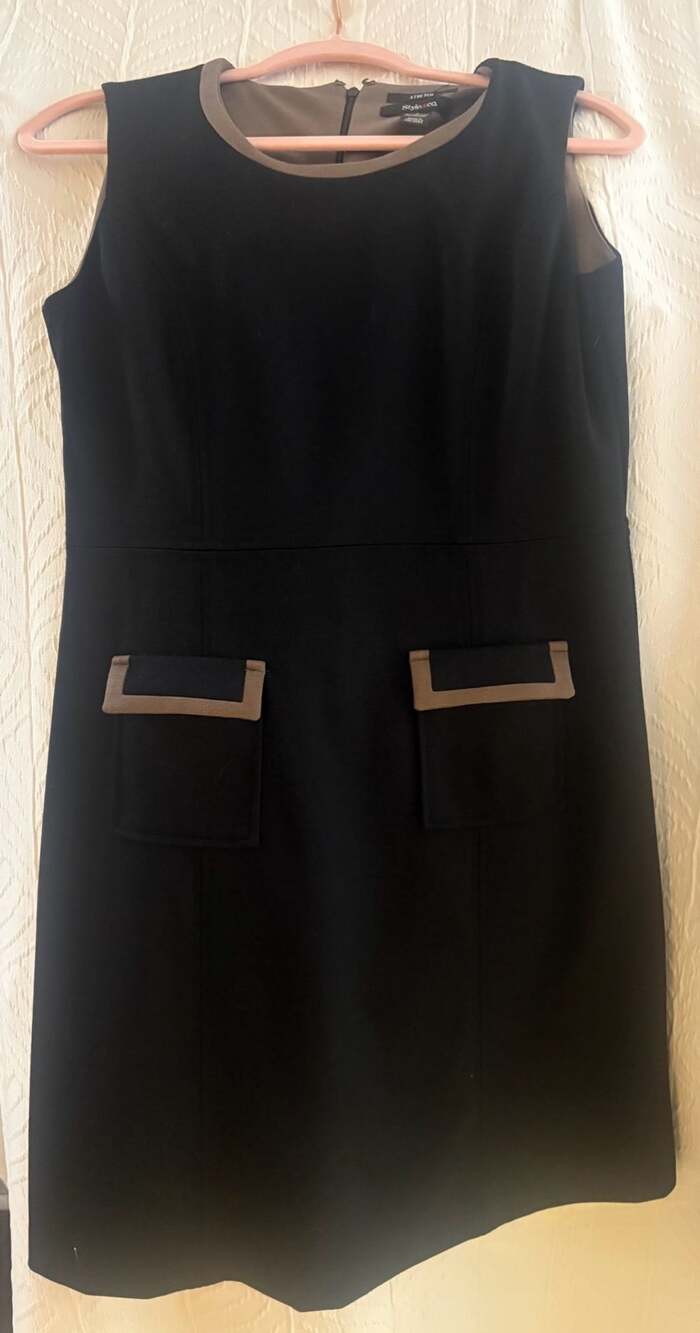 Style & Co. Sheath Dress Size 4 Black Brown Pocket Trim Stretch Sleeveless